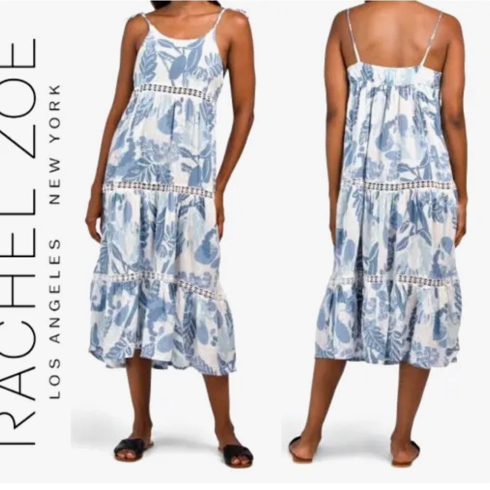 Rachel Zoe Swim Coverup Long Dress w/tassel ties Blue Leaf S